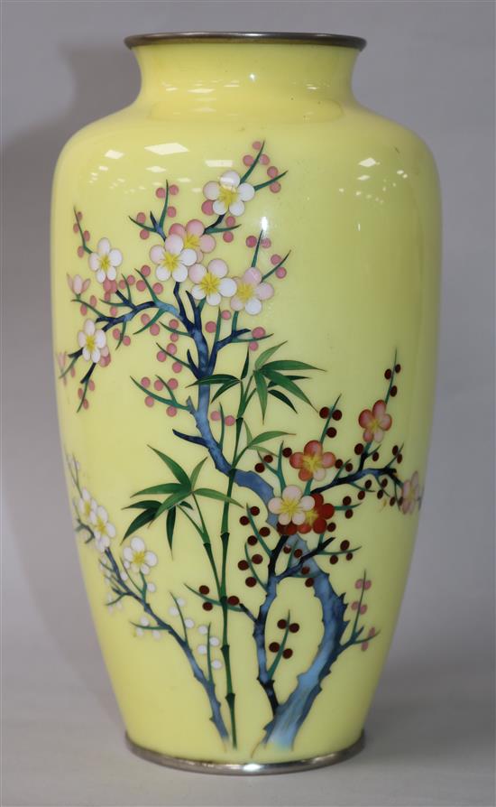 A Japanese yellow ground silver wire cloisonne enamel vase 21cm.